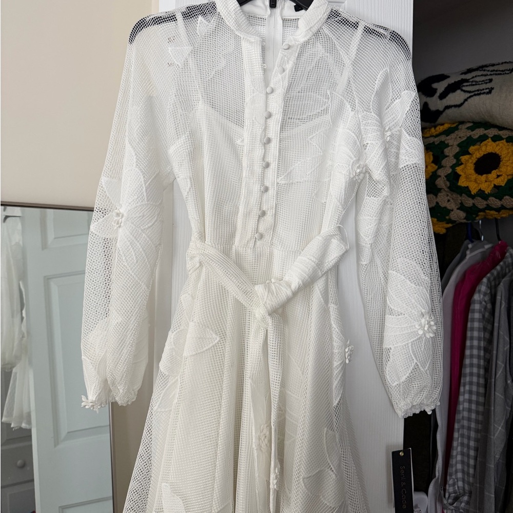 Elegant White Mesh Floral Midi Dress